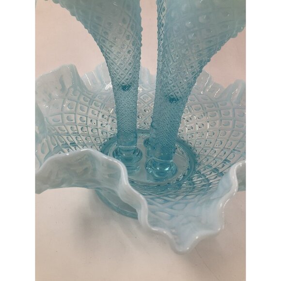 FENTON Glass 10" Flower EPERGNE Sea Blue Opalescent Hobnail Diamond Lace, MINT!! - Picture 5 of 16